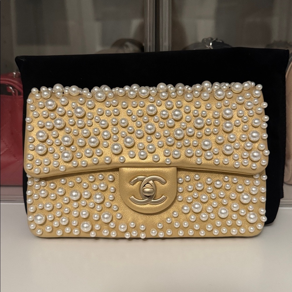 Authentic Rare Chanel Gold Pearl-Studded Flap Hand Bag